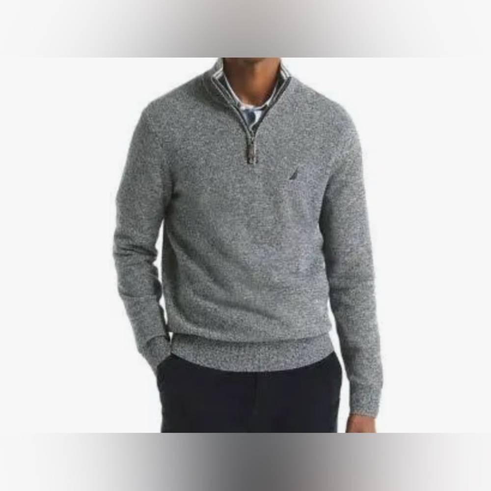 Nautica Gray Quarter Zip Sweater Pullover Ribbed Collar Cotton Blend Men’s Large